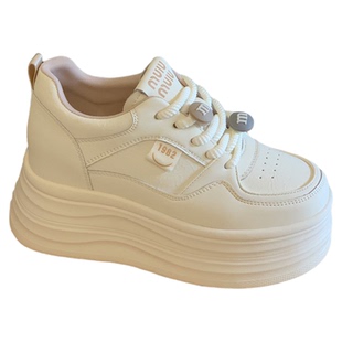 内增高8CM松糕鞋小个子女系带真皮小白鞋2025秋新款轻便休闲板鞋