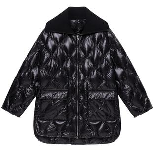 【90%鹅绒】ERDOS 黑色短款羽绒服女秋冬拉链翻领亮面外套