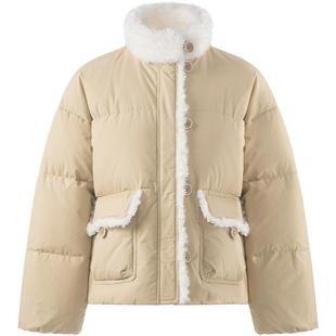 LAGOGO卡其绒雪羊羔毛拼接羽绒服女拉谷谷2025冬季新款鸭绒短外套