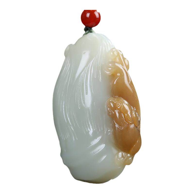 和田玉糖白玉瑞兽竹节挂件吊坠