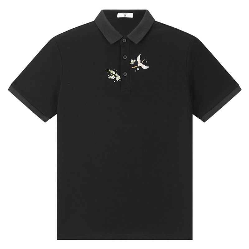 男士短袖清新国风白色仙鹤polo