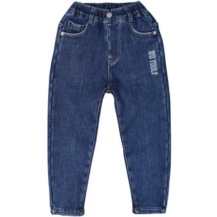 6-10岁男童一体绒牛仔裤加厚儿童抓绒柔软弹力蓝黑色小脚裤子冬装