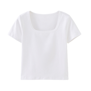 白色正肩法式方领短袖t恤女夏季2026新款低领露锁骨设计感上衣