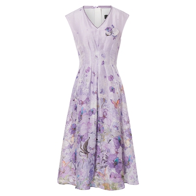 La Koradior拉珂蒂2025夏油画蝴蝶兰印花桑蚕丝艺术洋装连衣裙女