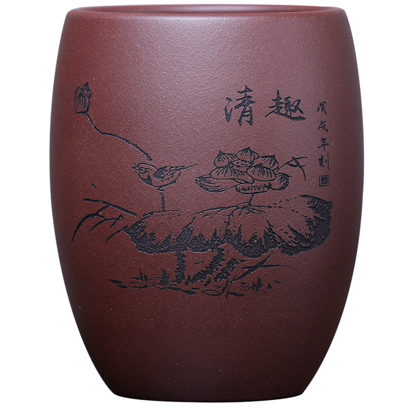 紫砂功夫茶杯单杯 宜兴紫泥刻绘主人品茗杯 大号茶碗复古个人杯子