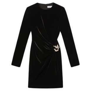 self-portrait 2025秋冬新款经典黑设计感钻链镂空丝绒礼服连衣裙