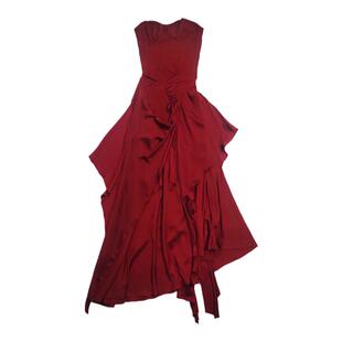 EVAN●暗黑设计感亚麻酒红色裙子鱼骨抹胸不规则半裙收腰套装elyw