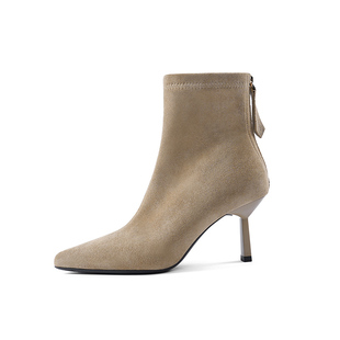 大尧大姚大漂亮5.5cm尖头细跟瘦瘦靴绒面软底舒适高跟短靴X168-2