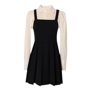 秋装2024年新款女韩版收腰显瘦气质甜美小个子假两件a字裙连衣裙