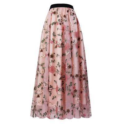 春夏新款重工刺绣花网纱半身长裙