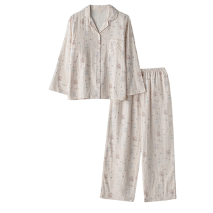 星愿卡通小狗印花睡衣女款春夏季纯棉纱布双层薄款长袖家居服套装