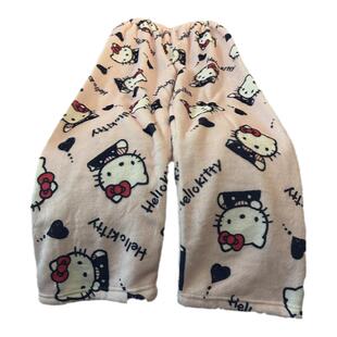 高个子卡通KT猫珊瑚绒睡裤女秋冬季可爱日系长裤加厚加长版家居裤