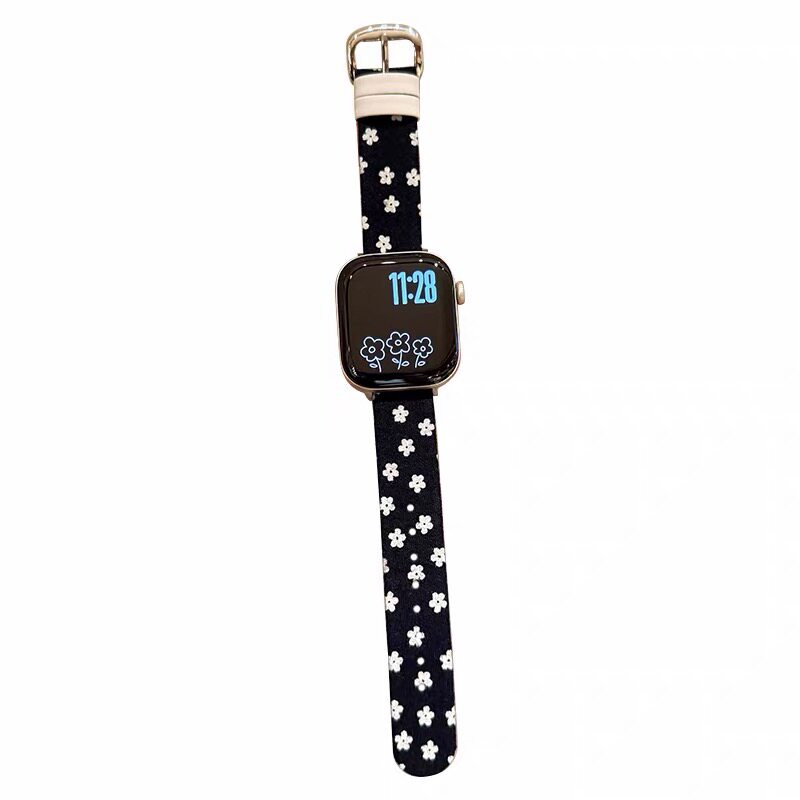 适用iwatch秋冬帆布小花皮质表带
