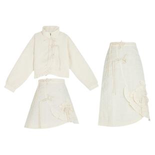 森女部落原创清冷素雅感白色短款棉衣新中式汉元素国风立领棉服冬