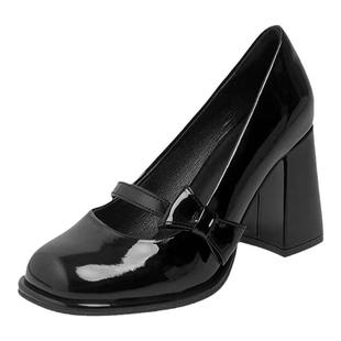 新款高跟粉色方头皮鞋粗跟浅口甜美蝴蝶结单鞋女鞋