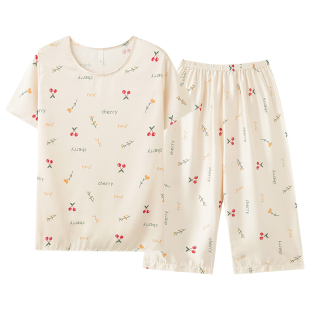 夏季短袖七分裤冰丝睡衣女夏天凉爽薄款中年人妈妈丝绸家居服套装