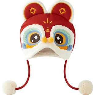 微狮牧尼婴儿虎头帽秋冬季夹棉保暖胎帽宝宝过年拜年红色护耳帽子