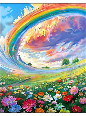 彩虹花海砂岩肌理客厅装饰画