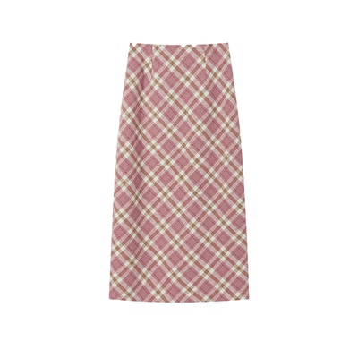 秋冬季复古后开叉毛呢格纹半身裙