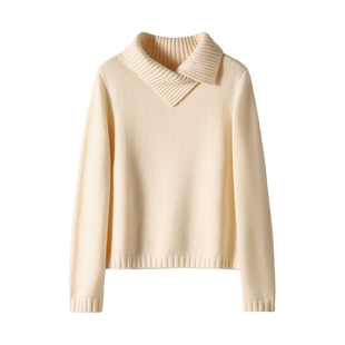 100%纯棉不规则斜领针织衫女秋冬宽松气质毛衣极设计感简风上衣