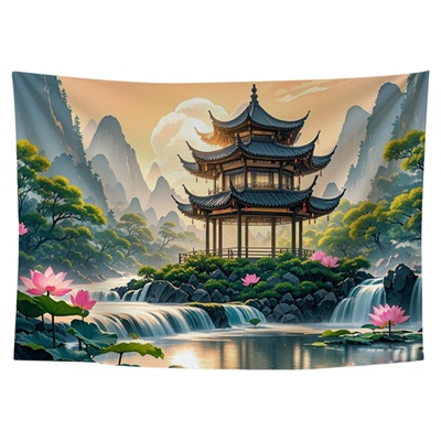 国风亭台山水夜景挂布