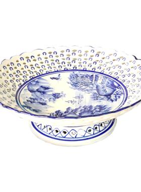 青花陶瓷贡品12寸果盘家用大号客厅茶几水果盘中式高脚镂空零食盘