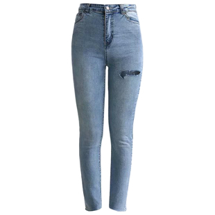 烂牛仔裤女破洞潮高腰个性潮流九分2023时尚漏洞毛边修身小脚裤