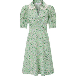 LK BENNETT绿色真丝连衣裙女夏2023新款娃娃领桑蚕丝短款碎花裙