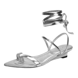 cotemp Cleopatra 复古尖头分趾凉鞋绑带凉鞋金银双色平底鞋