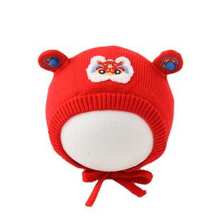 婴儿新年帽子冬季喜庆洋气小月龄加厚针织帽红色新生儿保暖毛线帽