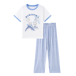 【舒舒服服】春夏女童睡衣女孩空调服薄款莫代尔棉卡通格子好看的