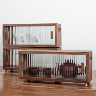 实木桌面收纳盒防尘水杯收纳台面黑杯子柜餐茶具柜边胡桃木置物架