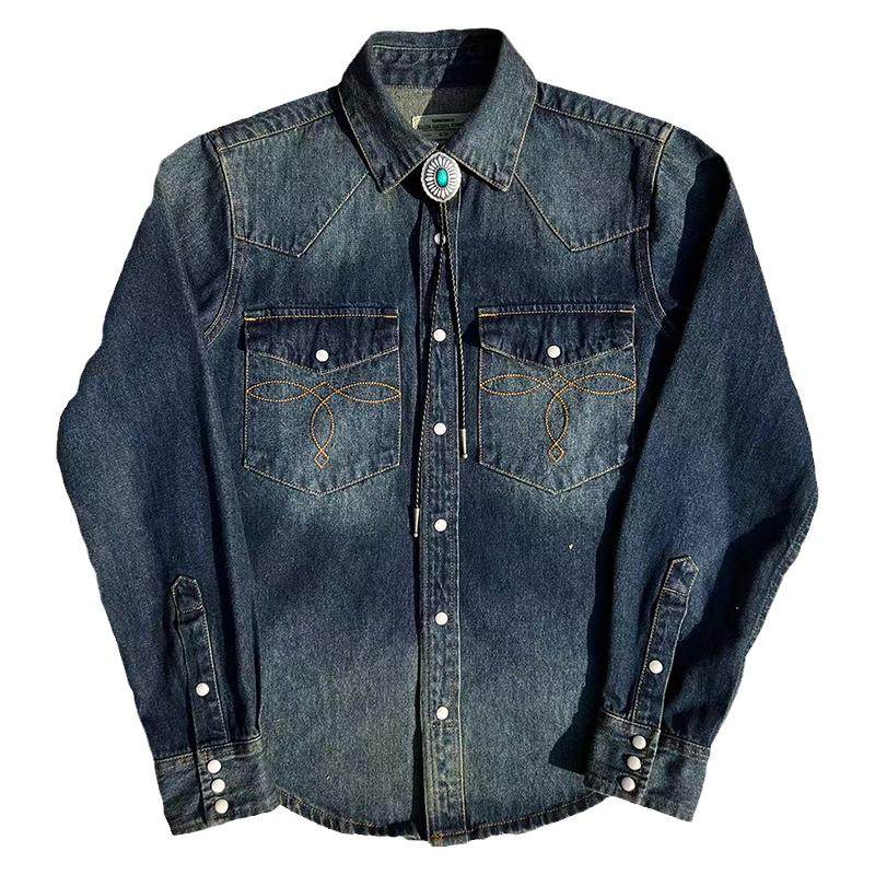 美式复古重磅长袖衬衣经典袋花RL风格宝石扣西部牛仔男士修身衬衫