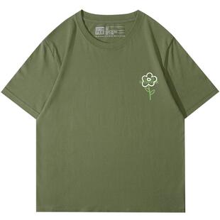 chic港风学院风百搭军绿色短袖t恤女宽松韩版显白正肩半袖上衣潮