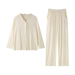 曼系“至简美学”莫代尔睡衣女春秋季高级感名媛风小花边杏色套装