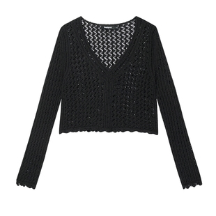 Desigual宽松钩针提花V领黑色套头女士针织衫毛衣