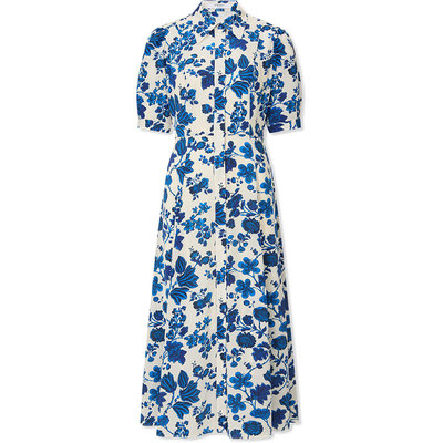 lkbennett青花瓷真丝印花连衣裙2025年春夏新款泡泡袖收腰衬衫裙