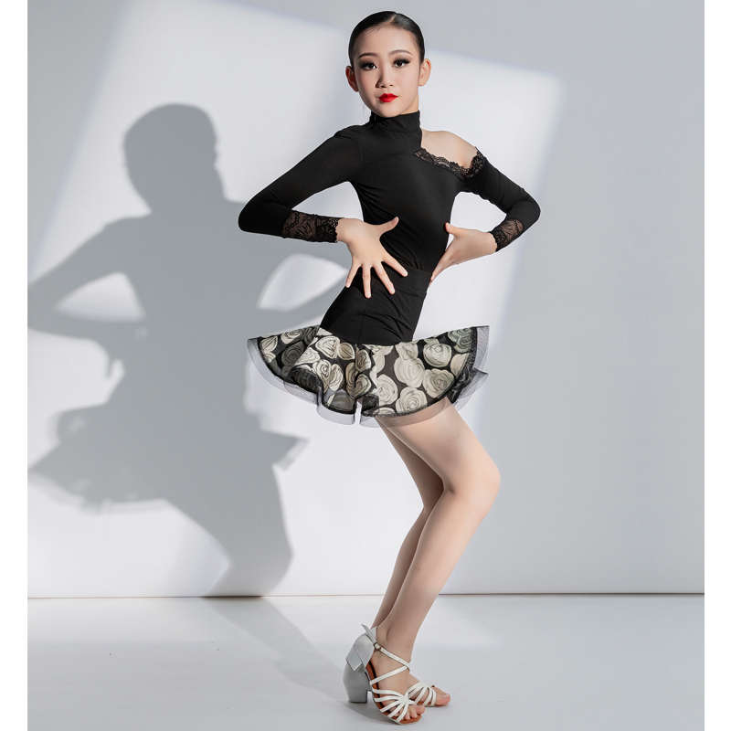 拉丁舞服装女童专业练功训练表演服少儿舞蹈标准练习演出长袖露肩