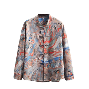 新中式中国风春秋印花表演盘扣红色唐装长袖衬衫汉服大码古装上衣