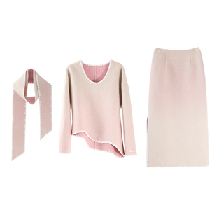 有耳uare原创设计 无序晨昏 正反两穿渐变围巾上衣半裙双面呢套装