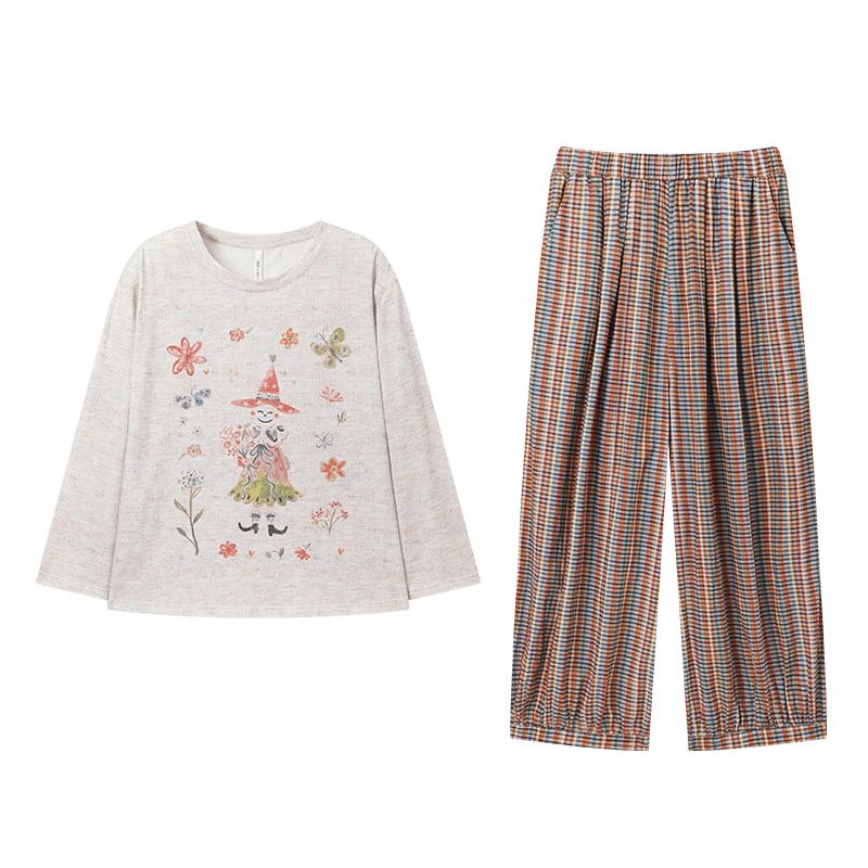 安之伴【巨柔软】睡衣女款春秋季纯棉带胸垫套装家居服宽松可外穿