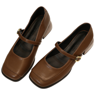 舒适软皮法式一字带玛丽珍鞋女粗跟复古风咖色中跟小皮鞋方头单鞋