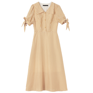 复古格子连衣裙子女设计感小众初恋戏穿搭茶歇桔梗收腰显瘦气质夏