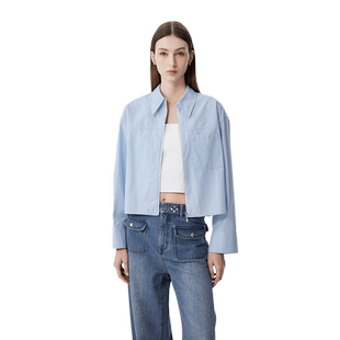 Fabrique双开头拉链 蓝色格纹短款衬衫外套上衣女