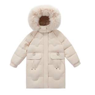 吧比熊儿童羽绒服女童新款中长款带毛领加厚抗寒洋气冬季休闲外套