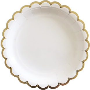 烫金边白色派对餐具一次性小盘儿童生日蛋糕碟子纸盘纸杯纸巾套装