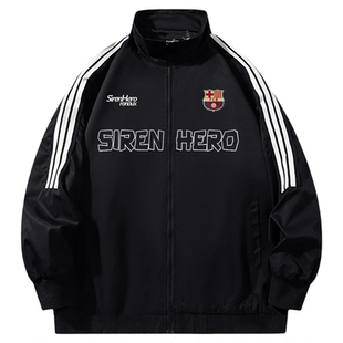 美式复古hiphop潮牌三条杠外套男女春秋薄款宽松立领运动夹克开衫