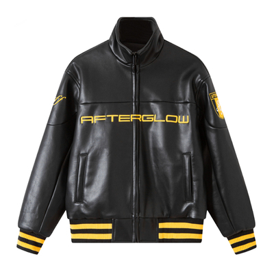 AFTERGLOW秋冬短宽夹棉PU立领皮衣 万针刺绣重磅高领通勤皮夹克