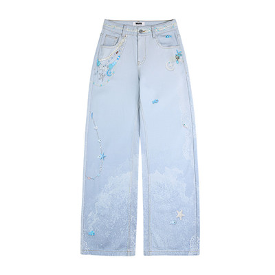 QUARTER IN NIGHT2025秋季新款“3D印花”海洋牛仔长裤宽松直筒裤