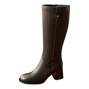 Nine West/玖熙气质粗跟高筒靴女士黑色侧边拉链职场百搭长筒靴子